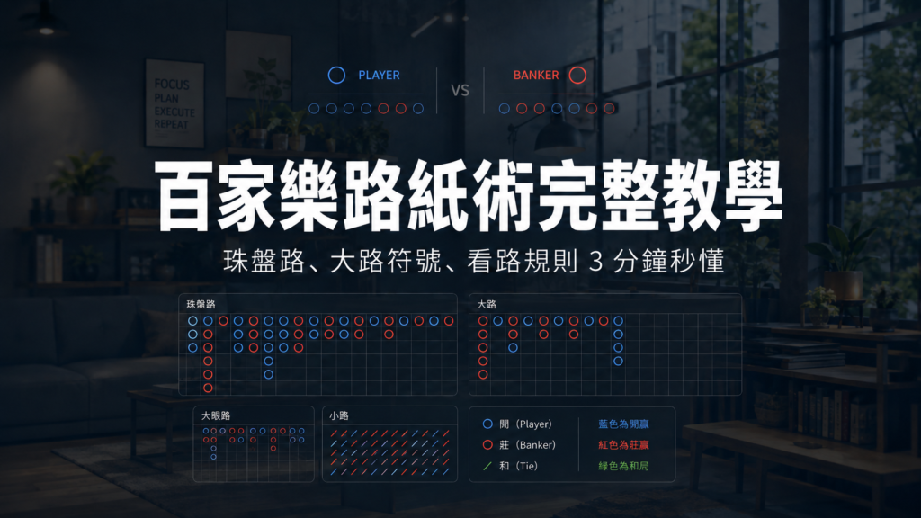 百家樂紙路完整教學圖，介紹珠盤路、大路、大眼路、小路與路單符號規則。